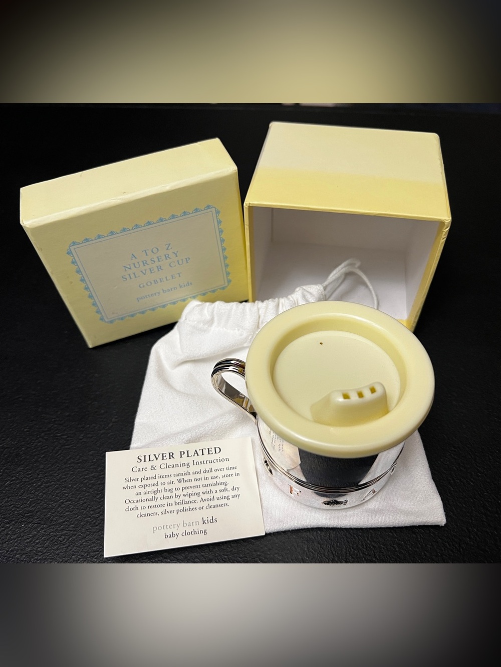 Pottery Barn Kids Silver Plated Nursery Cup with Yellow Training Lid